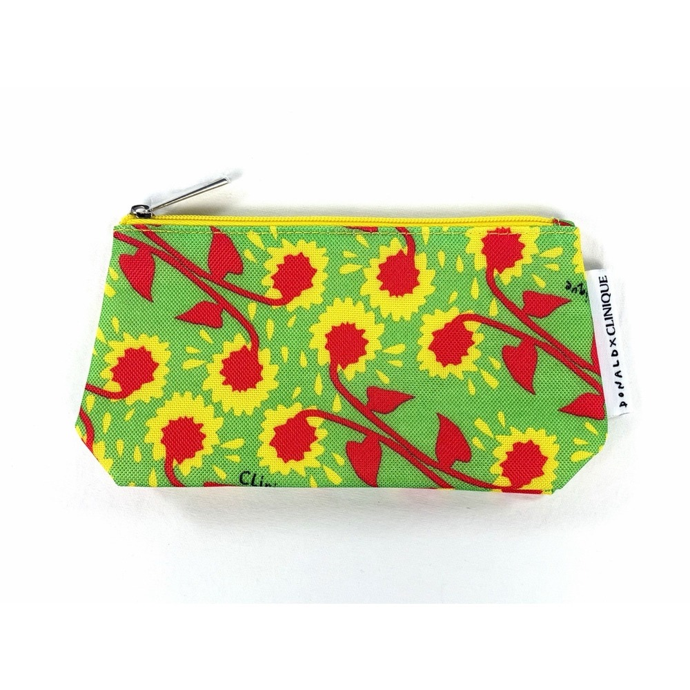 Clinique x Donald Robertson Sunflower Makeup Bag Green Yellow Red Zip Pouch New